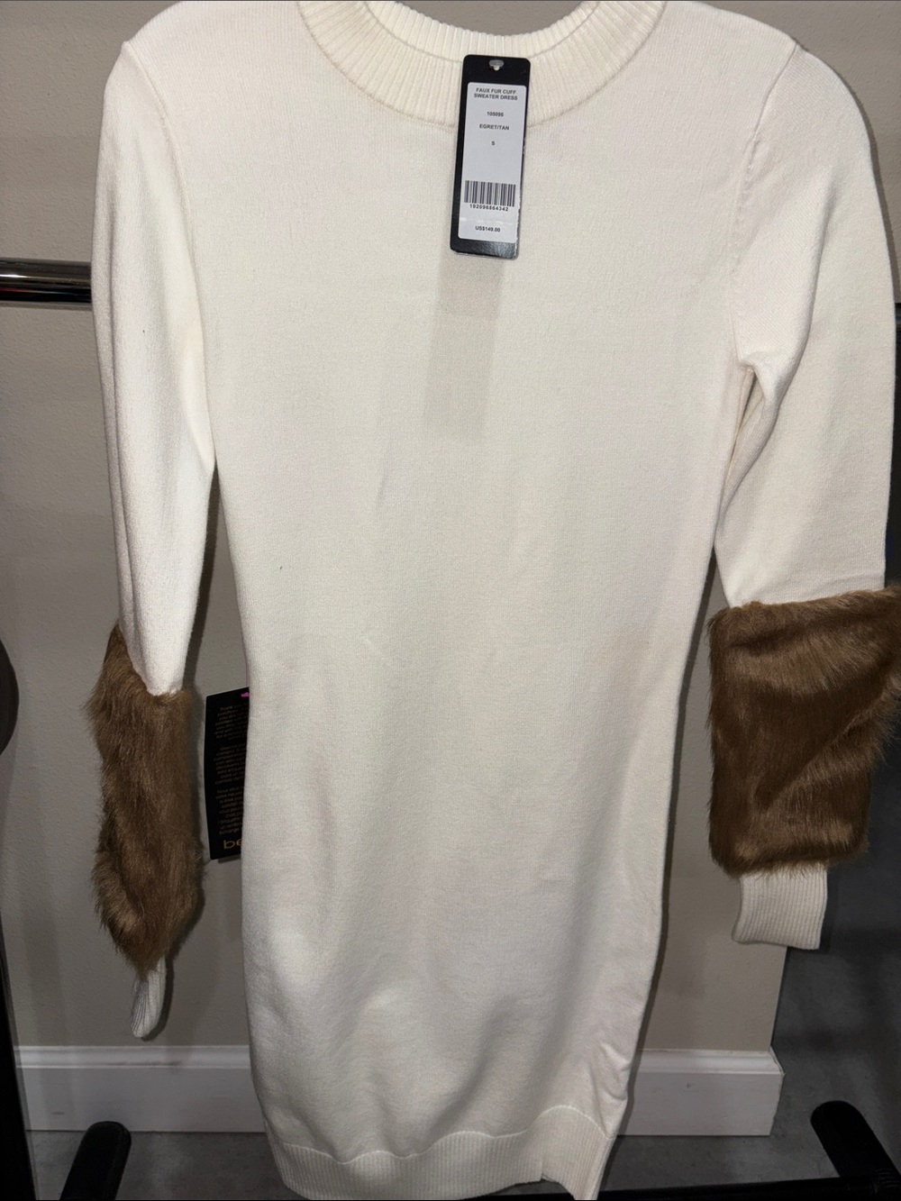 bebe Cream Knit Long-Sleeve Dress with Brown Faux-Fur Cuffs